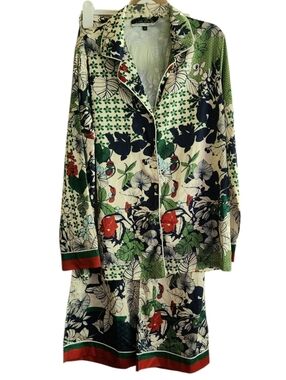 Dalia Macphee Floral Print Satin Pajama Set in Cream, Green & Navy